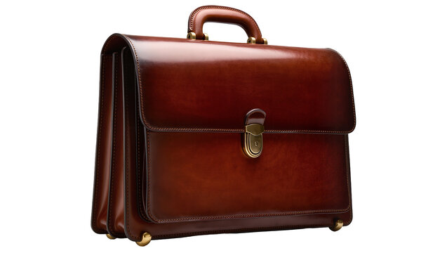 Isolated elegant brown leather briefcase with handle and brass details, a classic business accessory.