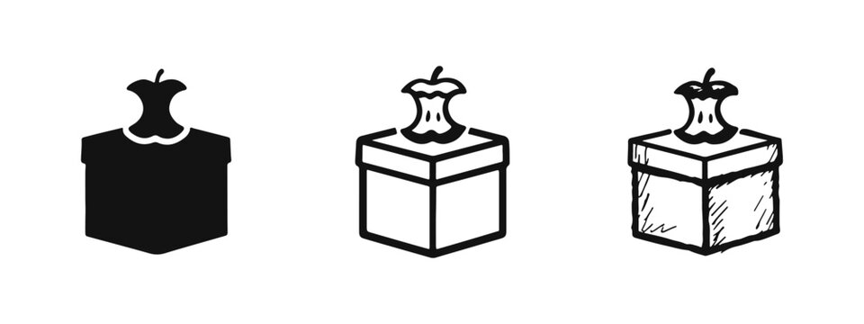 Apple Core on Square Trash Can Icons. Waste Disposal, Food Scraps and Recycling Symbols in Glyph, Line, and Hand Drawn Styles.