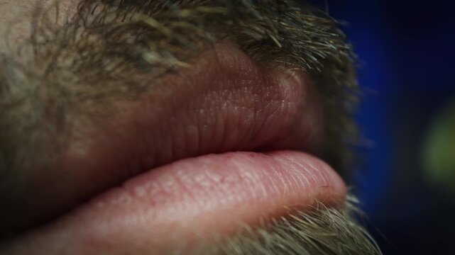 Extreme macro shot of a man's lips and facial hair, showing skin texture and beard details in high definition