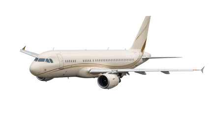 Obraz premium Isolated modern passenger jet aircraft with elegant design and golden details