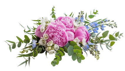 Isolated beautiful fresh bouquet with pink peonies, white flowers, blue delphinium, and eucalyptus leaves © Sindre