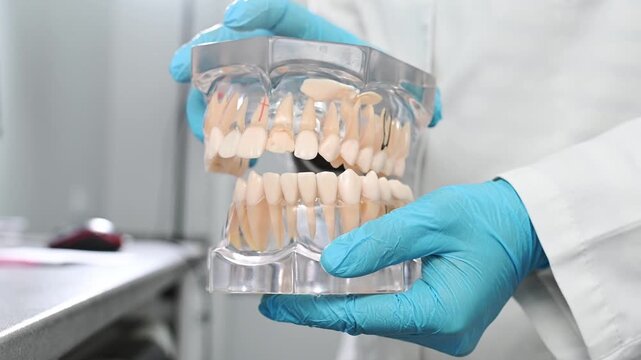 dentist wearing sterile gloves holds anatomical model of human jaw. close-up no face, making it unrecognizable. Gum inflammation, periodontal disease, stomatitis, gingivitis.
