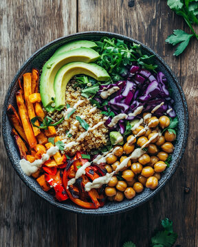 Fresh Green Salad in Wooden Bowl with Cherry Tomatoes and Avocado