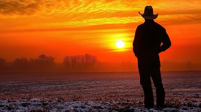 A silhouetted figure in a cowboy hat stands watching a fiery sunset over a snowy field