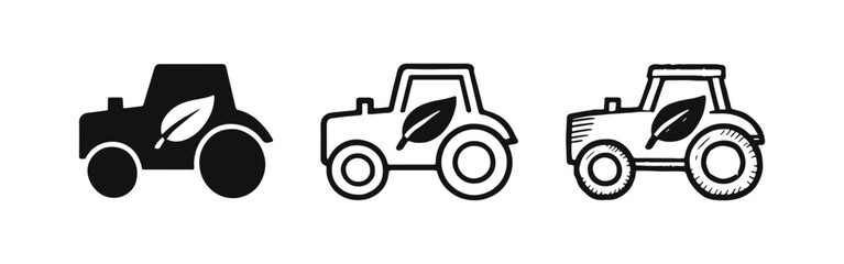 Sustainable farming tractor with leaf symbol icon set for eco agriculture and environmentally conscious practices. © drawing lines