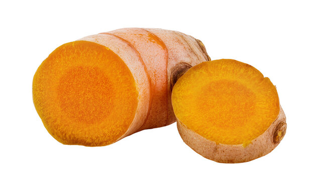 Isolated fresh turmeric root slices showing vibrant orange interior and healthy spice