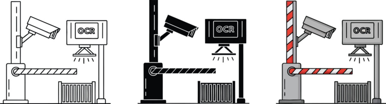 Collection of automated security gate systems featuring barrier surveillance camera and OCR monitor in diverse vector styles perfect for access control and smart city infrastructure designs