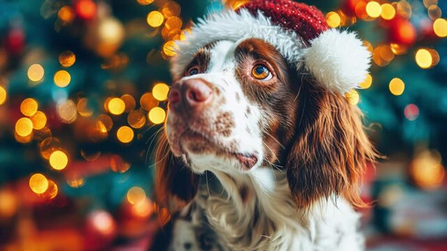 Thoughtful brown and white spaniel dog in red santa hat against blurred christmas tree lights bokeh, cozy pet friendly winter holiday celebration atmosphere