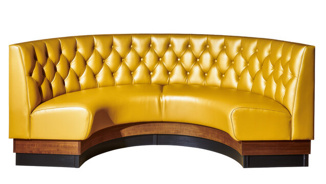 Isolated elegant curved yellow tufted leather sofa, upscale banquet seating furniture
