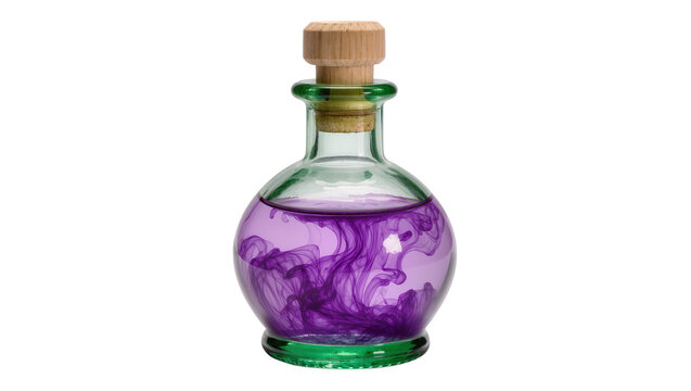 Isolated fantasy potion bottle filled with vibrant swirling purple liquid and cork