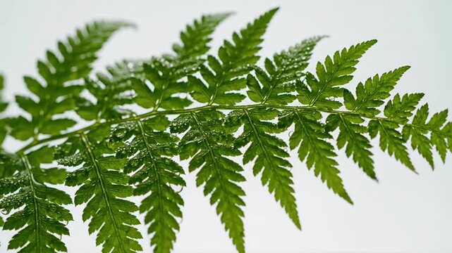Close-up of a vibrant green fern leaf with fresh dew drops, symbolizing nature's vitality and growth. Ideal for wellness, eco-friendly, and natural design projects.