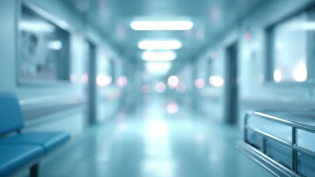 Blurred hospital corridor with blue bench and medical bed