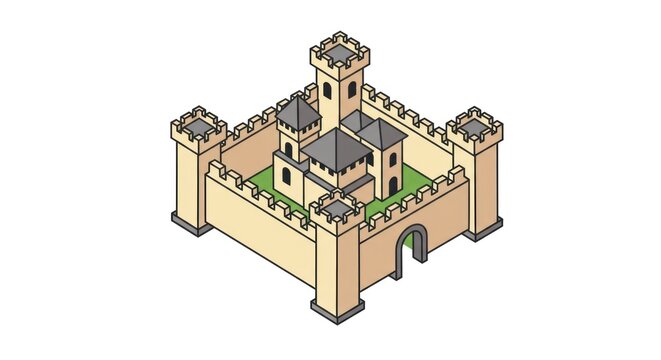 Isometric Castle Illustration with Towers and Walls.