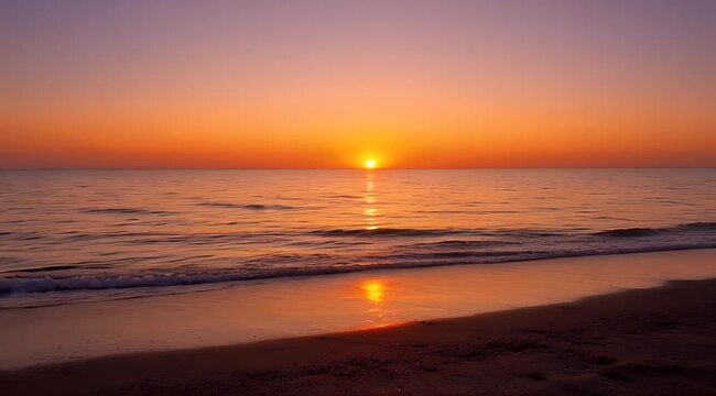Vibrant sunset over calm ocean waves reflecting golden light onto a sandy beach
