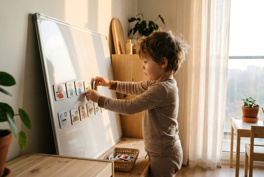 Child Using Visual Schedule Board with Flashcards