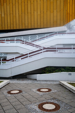 Modern urban stairs in concrete architecture with strong lines and geometry creating empty walkway space for minimal design background