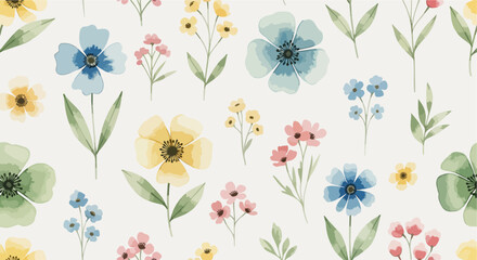 Obraz premium Delicate botanical pattern with small flowers and leaves in gentle pastel tones