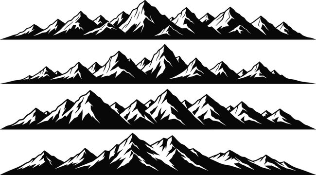 Black mountain range silhouette set with peak and ridge details isolated on white background for outdoor adventure and travel logo
