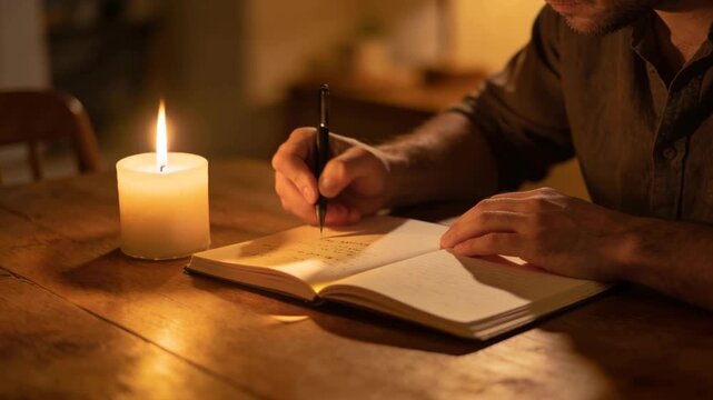 Man writing notes in notebook by candlelight at wooden table, showing quiet evening routine, creativity, reflection, low light setting, and mindful personal productivity.