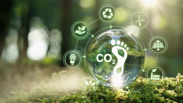 CO2 carbon footprint concept with green energy icons including wind turbine, solar panel and recycling, sustainable development technology and environmental conservation background for carbon neutrali