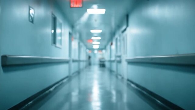 Blurred background of an empty and sterile hospital corridor.