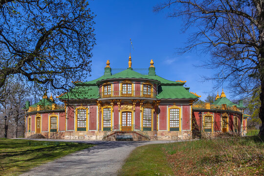 Chinese Pavilion building in the royal park of Drottningholm Palace in Stockholm, Sweden. Clear blue sky in sunny spring April