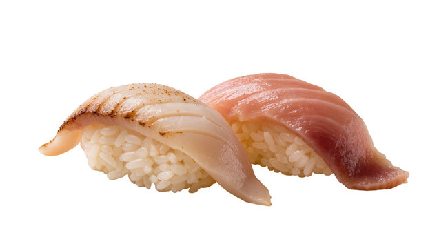 Isolated two pieces of delicious fresh nigiri sushi, tuna and seared scallop, Japanese cuisine