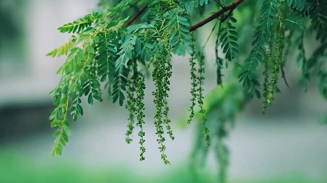 Lush green leaves and delicate hanging berries thrive on a branch in nature