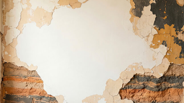 Close-up revealing intricate texture of a weathered wall with peeling paint layers capturing decay and time