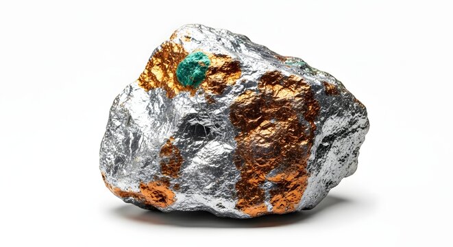 Raw metallic mineral ore specimen showcasing natural silver and copper deposits with a distinct green inclusion, a geological sample of Earth's industrial resources