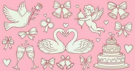Romantic Valentine's Day and Wedding Vector Graphics Swans, Doves, Cupids, Bells, and Cakes on a Pink Background © Pronob Kumar Ray