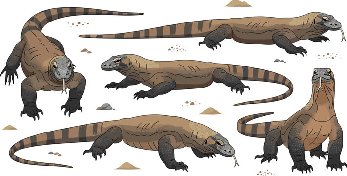 Komodo Dragon Lizard Vector Set Displaying Multiple Poses, Realistic Reptile Anatomy, and Natural Habitat Behavior for Wildlife Illustration, Education, and Design Projects.