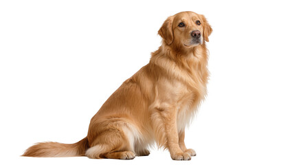 Fototapeta premium Isolated Golden Retriever dog sitting gracefully, attentively looking to the side, full body studio shot