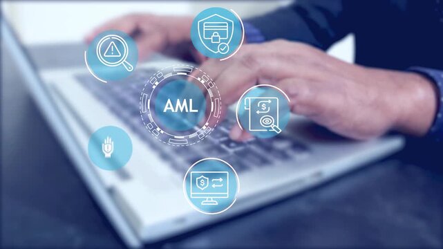 idea of AML compliance. An individual using a laptop with icons for risk management, financial regulation, transaction monitoring, and fraud protection.