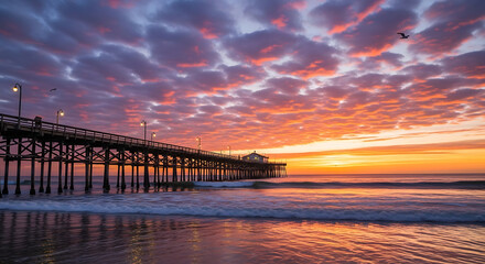 Fototapeta premium dramatic cloudy sky landscape with sunset over ocean pier