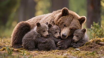 Naklejka premium Cute brown bear cubs sleeping together with their mother in a peaceful forest. Heartwarming wildlife scene showing family bond, protection and tenderness in natural environment.