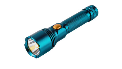 Isolated modern blue powerful LED flashlight, portable handheld torch for outdoor adventures. © Ryan