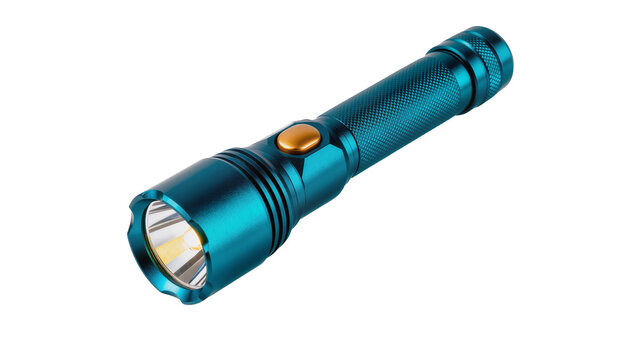 Isolated modern blue powerful LED flashlight, portable handheld torch for outdoor adventures.