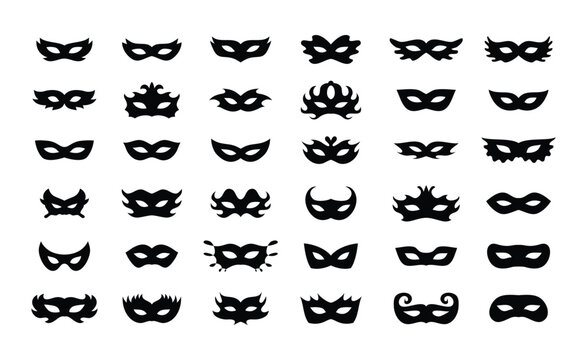 Carnival masks silhouettes icon set. Simple black icons masquerade mask, for party, parad, carnival, Halloween. Mask elements isolated sign, symbol