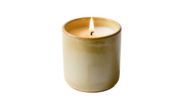 Isolated lit candle in a rustic ceramic holder, providing a warm and comforting glow