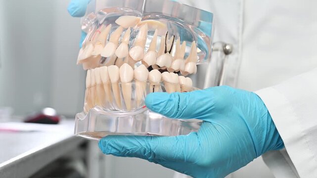 dentist wearing sterile gloves holds anatomical model of human jaw. close-up no face, making it unrecognizable. Gum inflammation, periodontal disease, stomatitis, gingivitis.