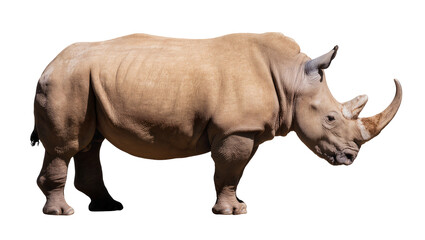 Obraz premium Isolated large adult white rhinoceros standing in profile, powerful endangered animal