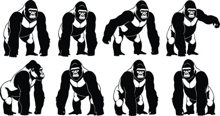 Gorilla silhouette vector illustration set, black silverback primate icons, wild jungle ape character collection isolated on white background, nature. © Mehedi