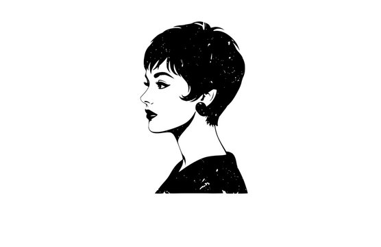 1950s Pixie Haircut Film Actress Silhouette, French New Wave Cinema Style Vector Sticker, Minimalist Vintage Star Illustration