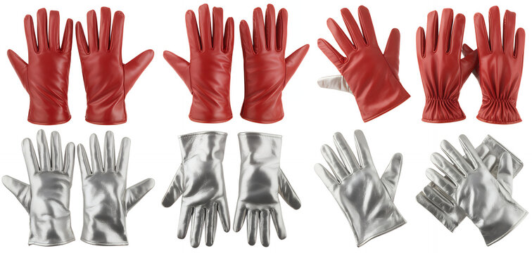 Assorted red and silver gloves on white background protective work