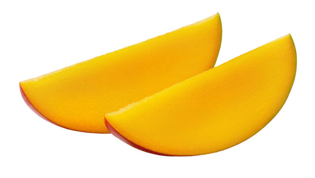 Isolated ripe golden mango fruit slices, sweet tropical dessert ingredient for summer