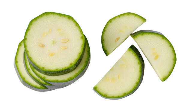 Isolated fresh zucchini slices, round and quarter-cut, vibrant green edges, healthy vegetable food