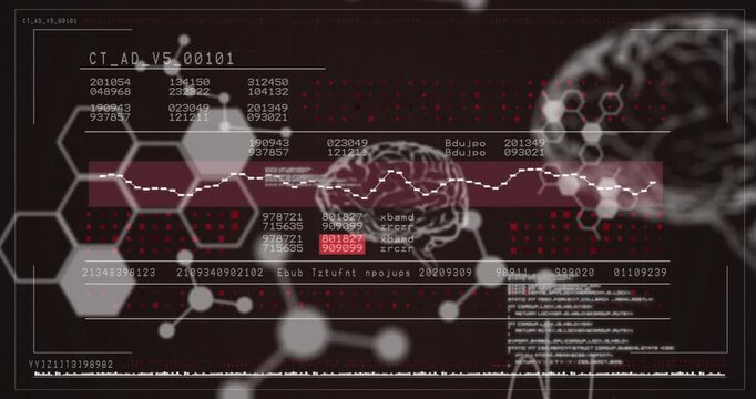 Animation of digital brain and molecules over data processing on black background