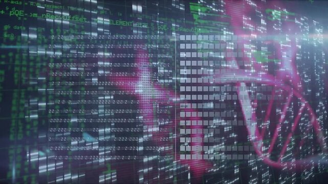Animation of dna strands spinning and data processing over computer servers