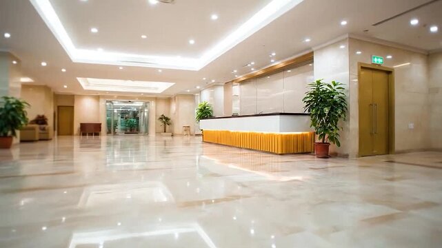 Spacious hotel lobby with a modern reception desk and polished marble floors.